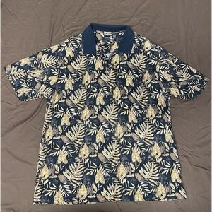 Arrow USA 1851 Men's XXL Tropical Leaf Print Polo Shirt Navy Tan Cotton Rayon